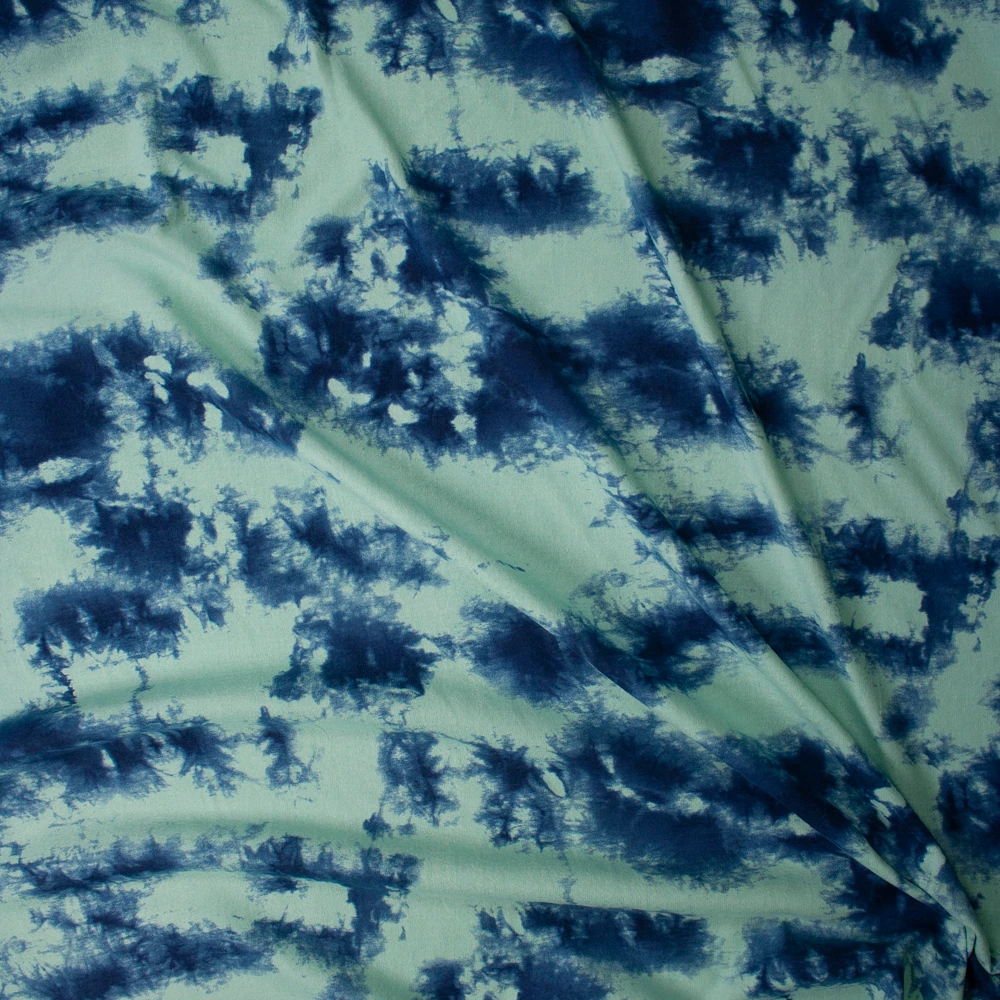 Aqua and Blue Tie Dye Sweater Knit Fabric By The Yard - Wide shot