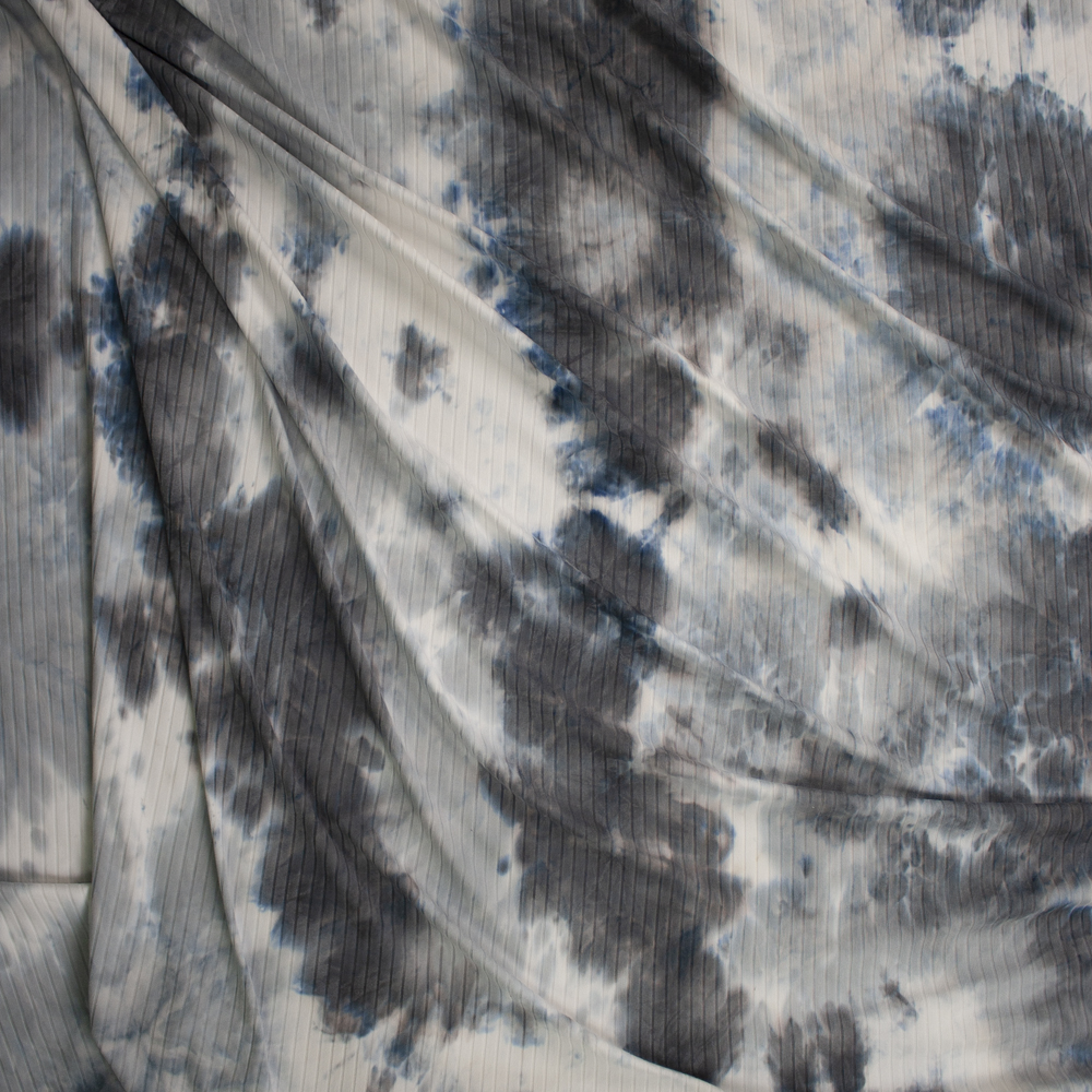 Grey and White Tie Dye Brushed Stretch Rib Knit Fabric By The Yard - Wide shot