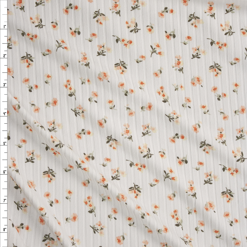 Peach and Orange Floral on Offwhite Brushed Stretch Rib Knit Fabric By The Yard