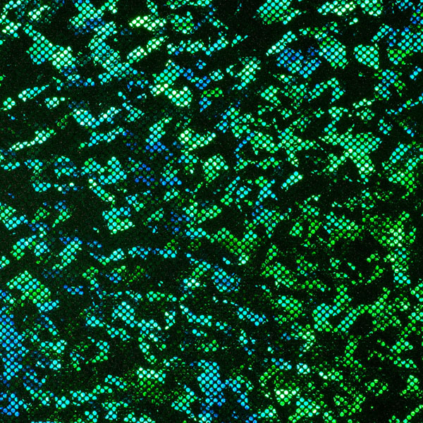Green on Black Shattered Glass Stretch Metallic Fabric - Laid Flat to Show Detail