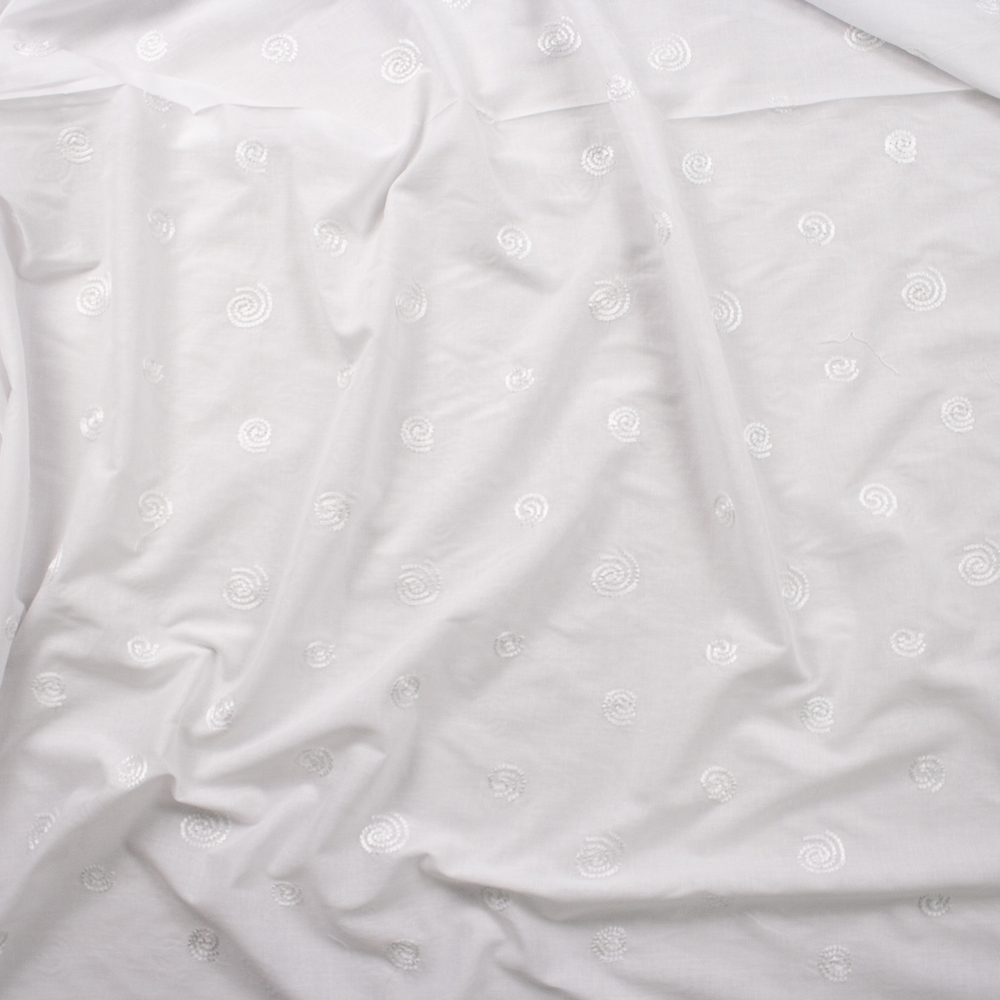 White Spiral Embroidered Cotton Lawn Fabric By The Yard - Wide shot