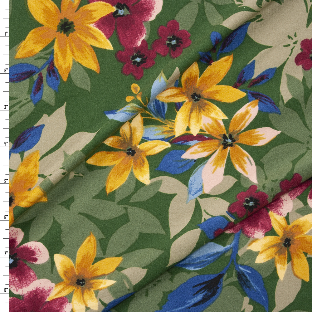 Hot Pink, Tan, and Teal Layered Floral on Olive Double Brushed Poly Spandex Fabric By The Yard