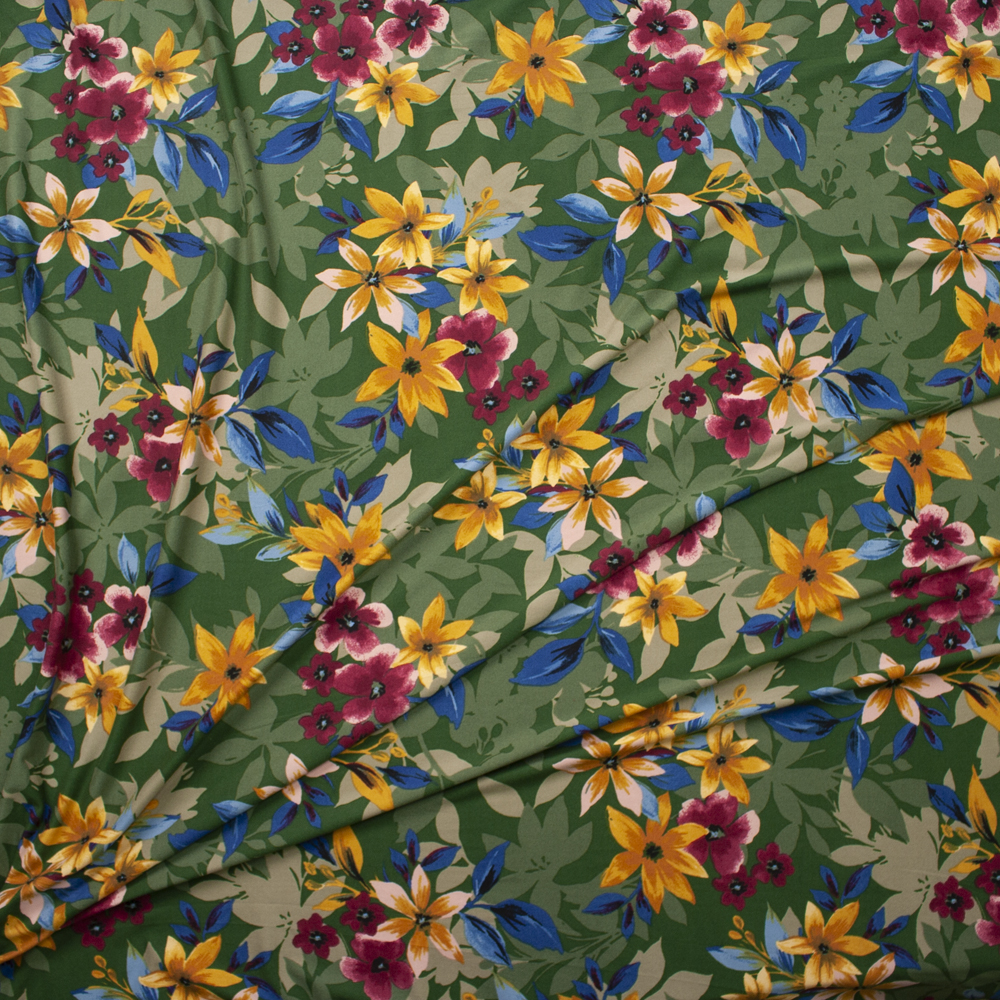 Hot Pink, Tan, and Teal Layered Floral on Olive Double Brushed Poly Spandex Fabric By The Yard - Wide shot