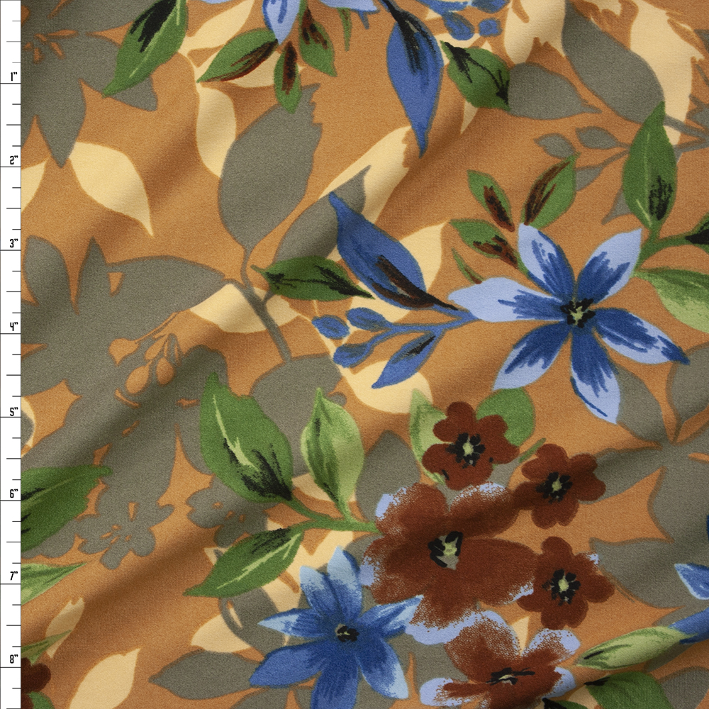 Brown, Green, and Teal Layered Floral on Tan Double Brushed Poly Spandex Fabric By The Yard
