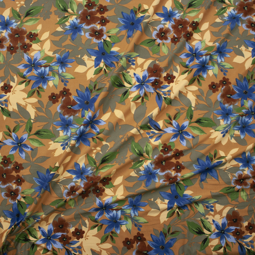 Brown, Green, and Teal Layered Floral on Tan Double Brushed Poly Spandex Fabric By The Yard - Wide shot