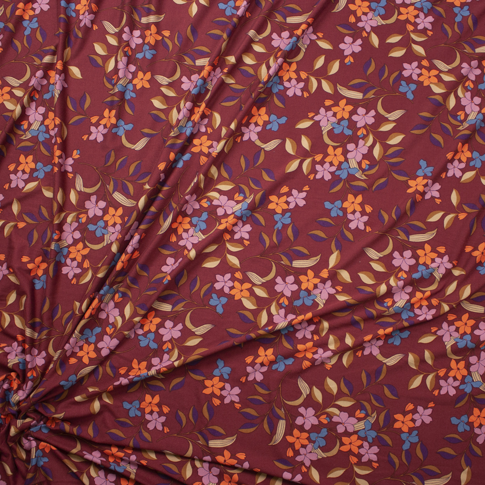 Peach, Lilac, and Turquoise Retro Floral on Burgundy Double Brushed Poly Spandex Fabric By The Yard - Wide shot