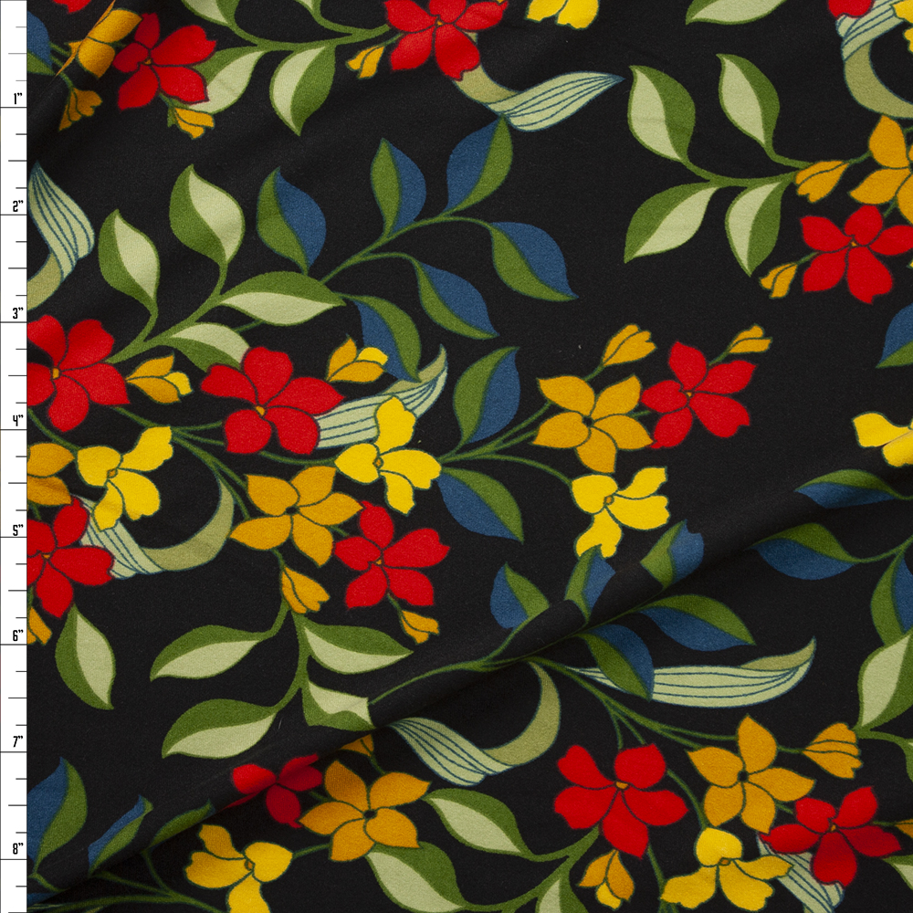 Red, Orange, and Olive Retro Floral on Black Double Brushed Poly Spandex Fabric By The Yard