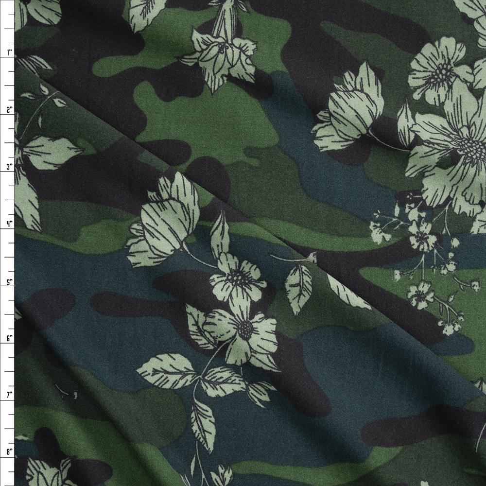Sage Floral on Camouflage Double Brushed Poly Spandex Fabric By The Yard