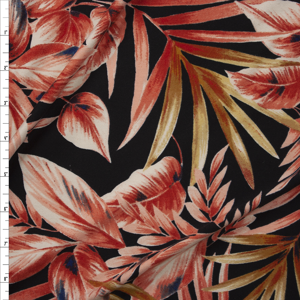 Peach and Tan Leaves and Fronds on Black Double Brushed Poly Spandex Fabric By The Yard