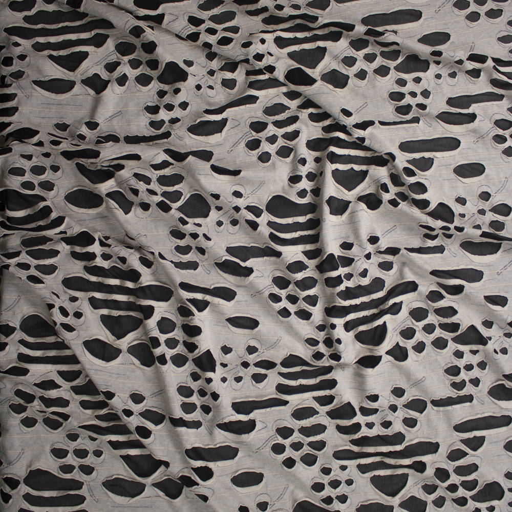 Ivory Holey Knit on Black Mesh Fabric By The Yard - Wide shot
