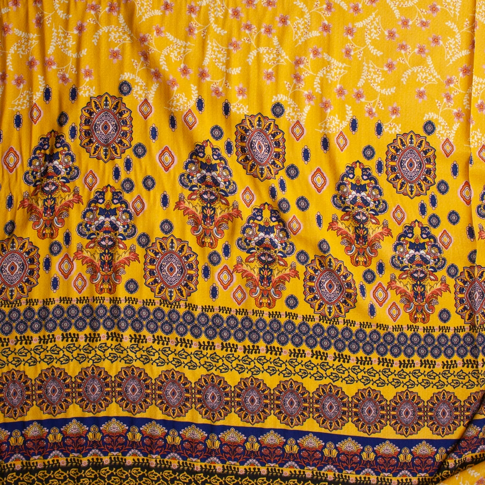 Ornate Floral on Golden Yellow Rayon Jaquard Fabric By The Yard - Wide shot