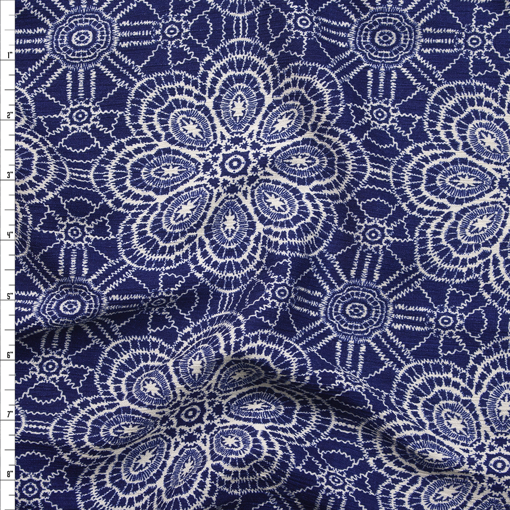 Ivory Lace Look Floral on Navy Blue Rayon Gauze Fabric By The Yard