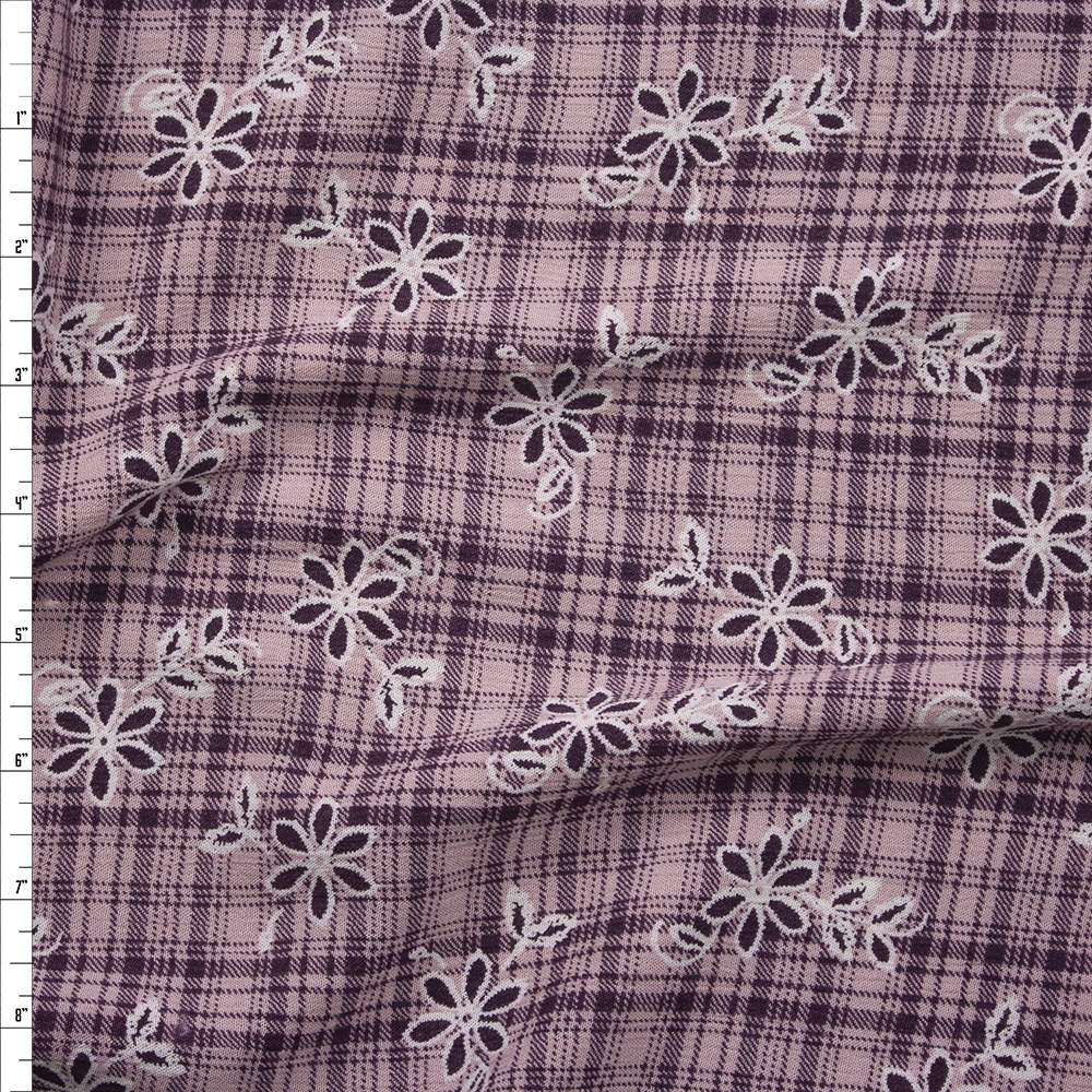 Plum and White Floral on Pink and Plum Plaid Rayon Gauze Fabric By The Yard