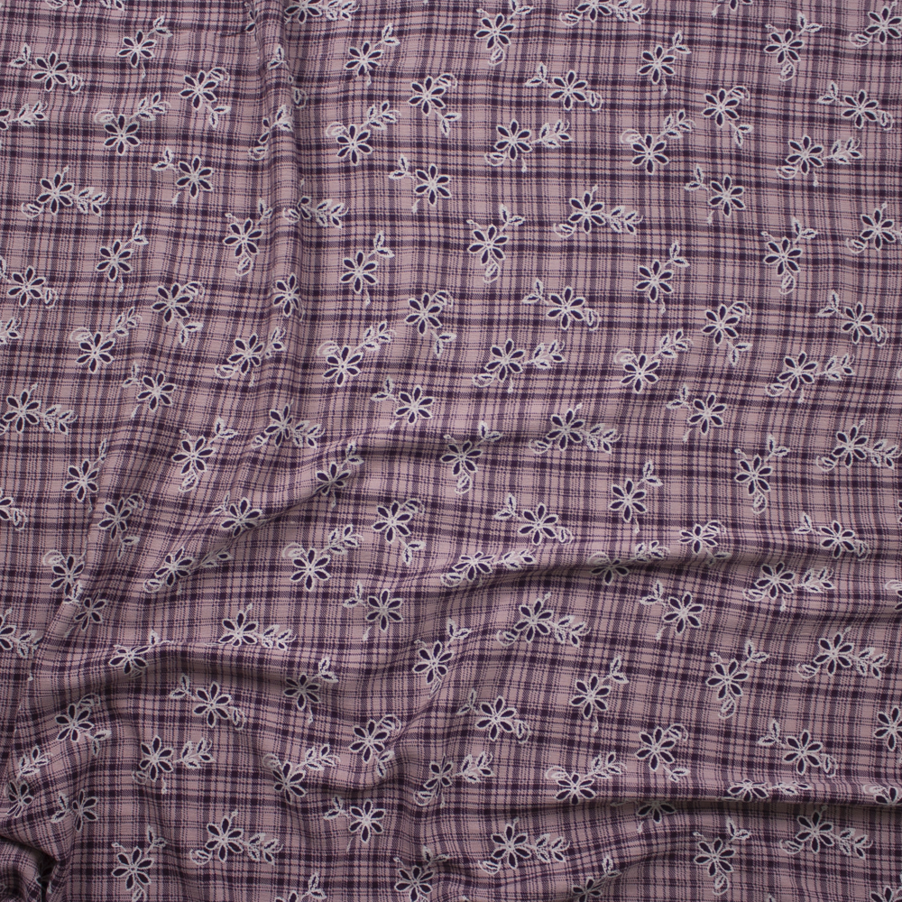 Plum and White Floral on Pink and Plum Plaid Rayon Gauze Fabric By The Yard - Wide shot