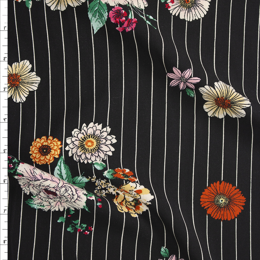 Sketchbook Floral on White on Black Vertical Pinstripe Rayon Challis Fabric By The Yard