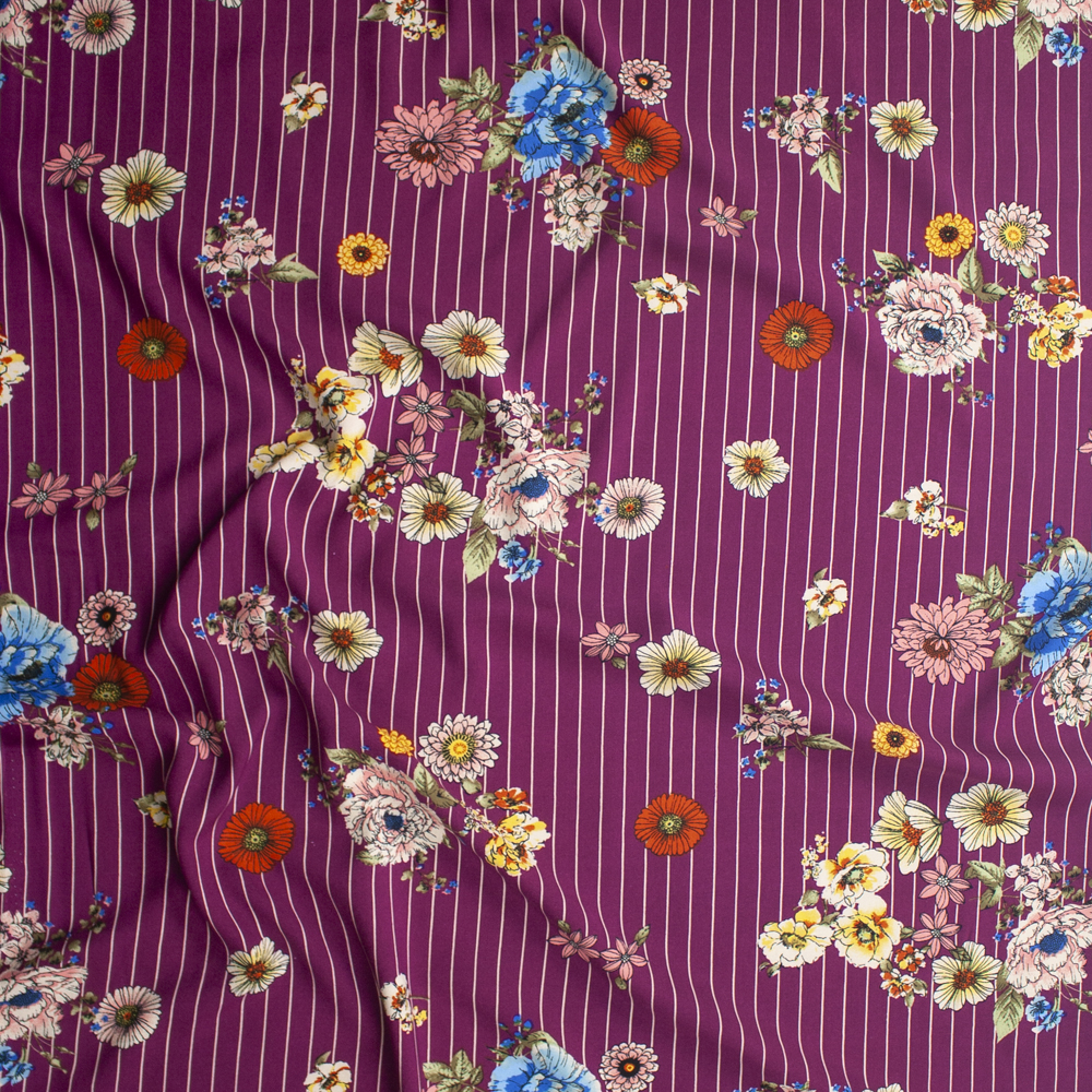 Sketchbook Floral on White on Purple Vertical Pinstripe Rayon Challis Fabric By The Yard - Wide shot