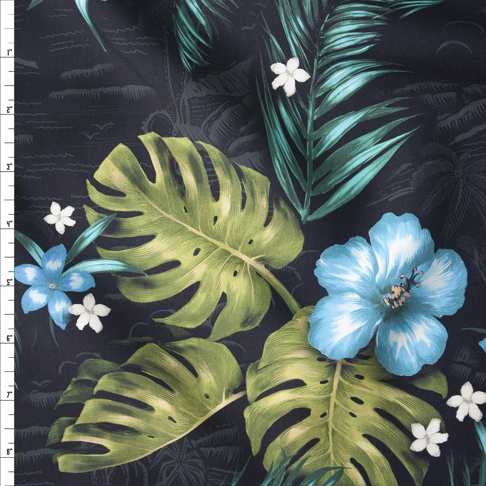 Makaha Nights Turquoise Black by Robert Kaufman Rayon Challis Fabric By The Yard