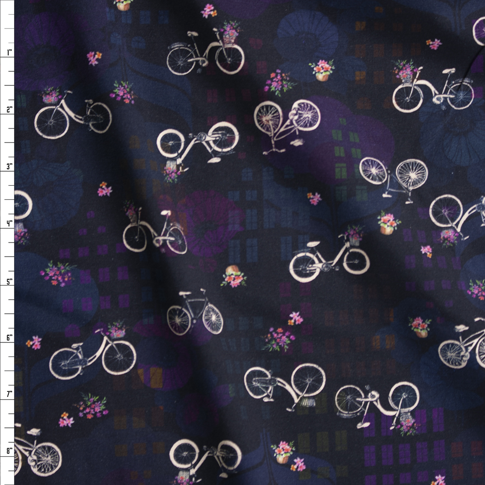 Happy Place Bikes Midnight Cotton/Spandex Jersey Fabric By The Yard