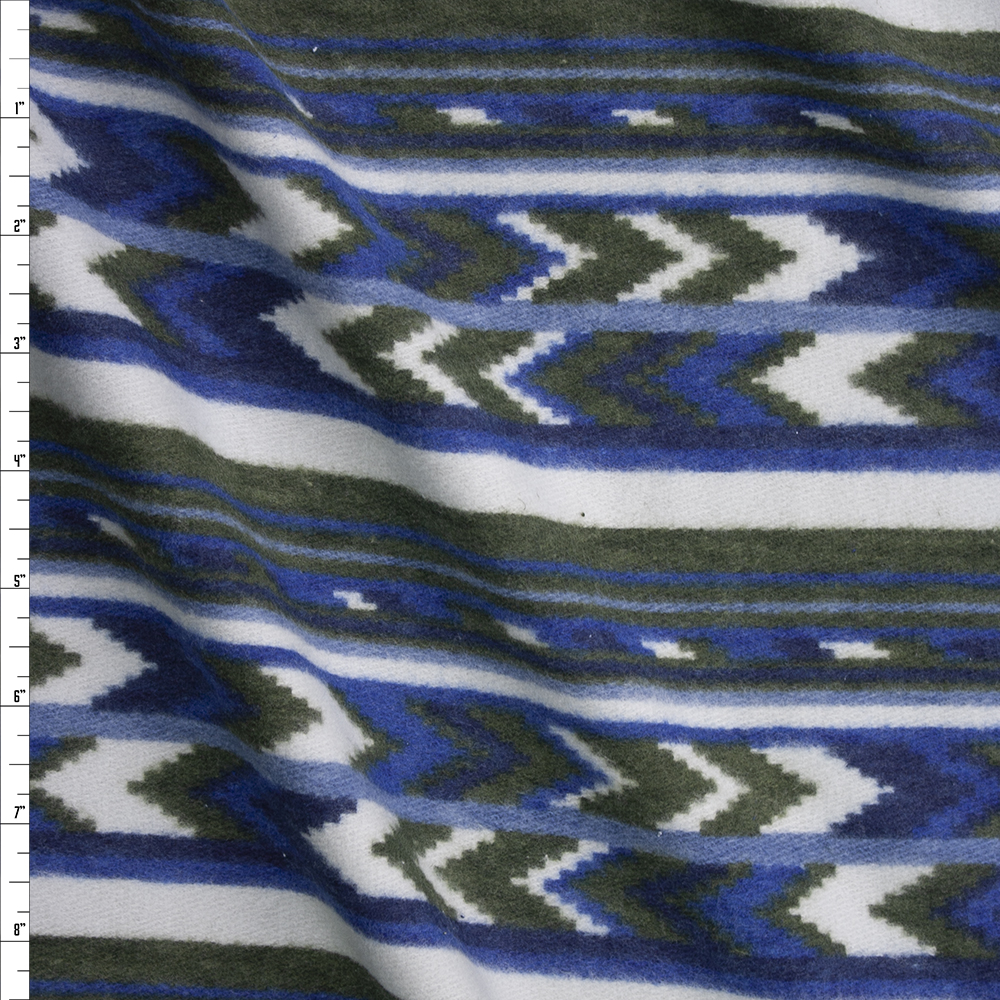 Olive, White, and Blue Southwestern Stripe Brushed Sweater Knit Fabric By The Yard