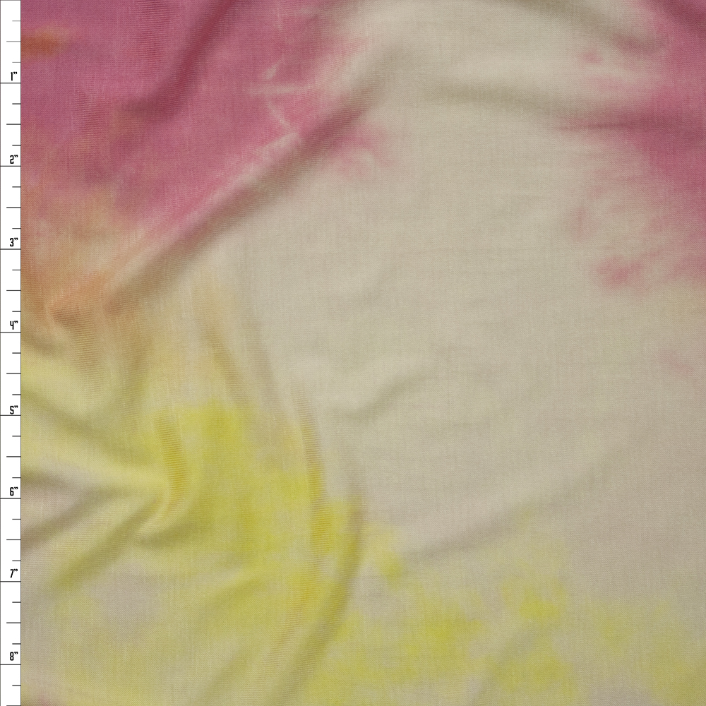Pink, Yellow, and Ivory Tie Dye Stretch Rayon Jersey Fabric By The Yard