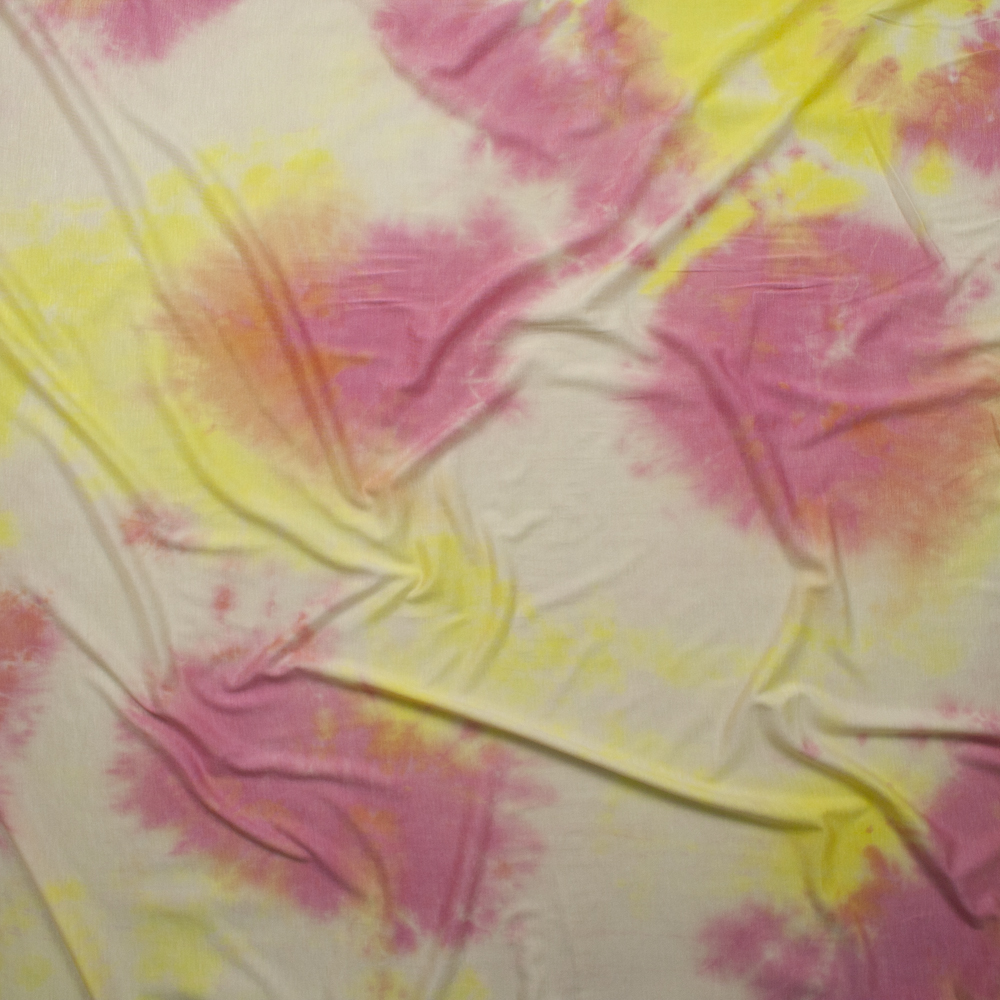Pink, Yellow, and Ivory Tie Dye Stretch Rayon Jersey Fabric By The Yard - Wide shot