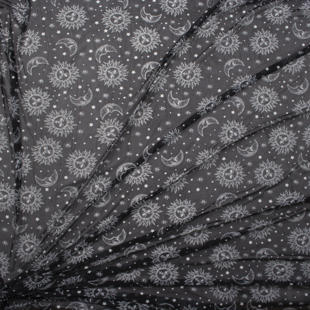 Sun, Moon, and Stars on Black Power Mesh Fabric By The Yard - Wide shot
