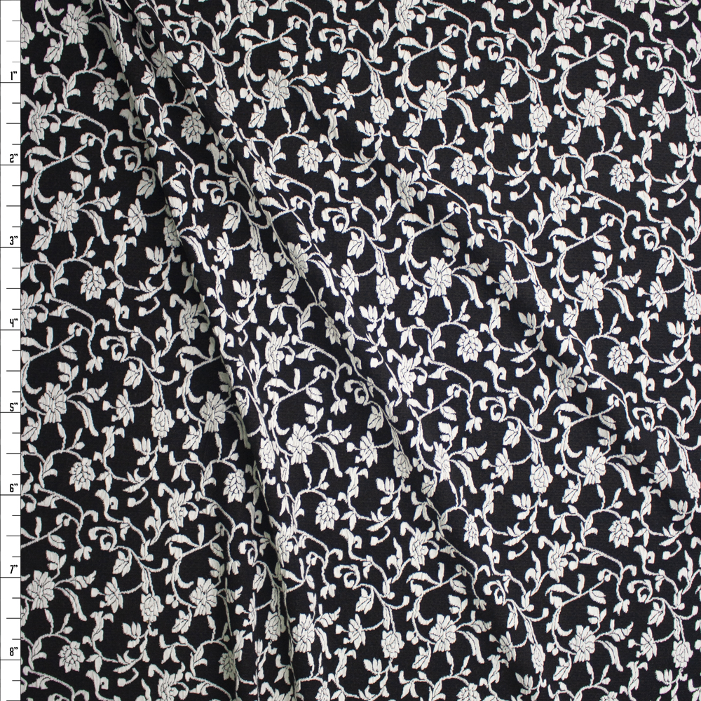 Ivory Scrolling Floral on Black Textured Double Knit Fabric By The Yard