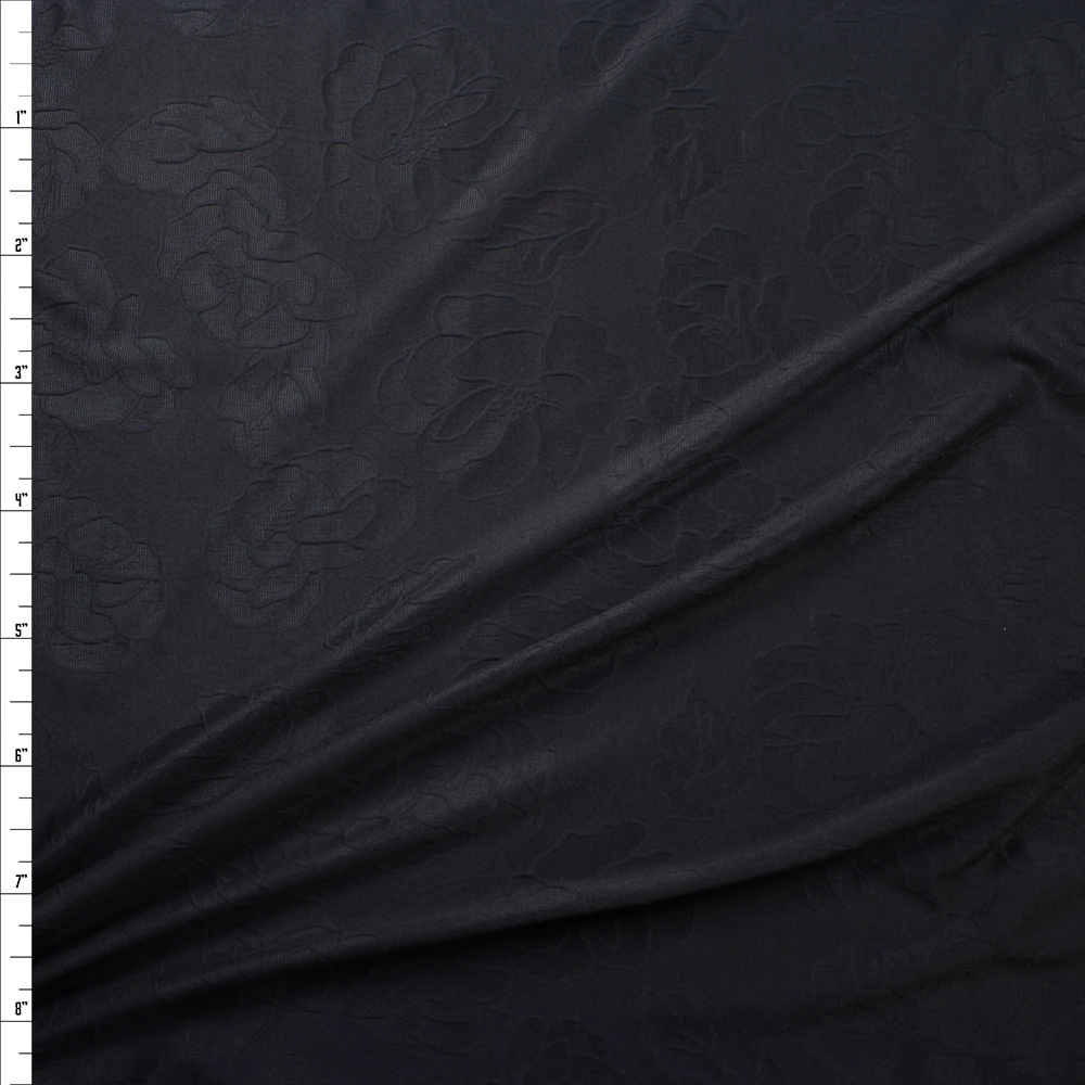 Black Large Floral Textured Double Knit Fabric By The Yard