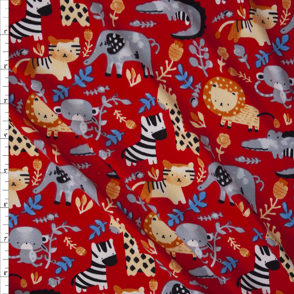 Zoo Animals on Red Double Brushed Poly/Spandex Fabric By The Yard