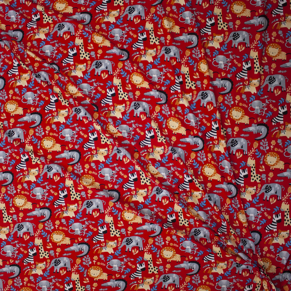 Zoo Animals on Red Double Brushed Poly/Spandex Fabric By The Yard - Wide shot