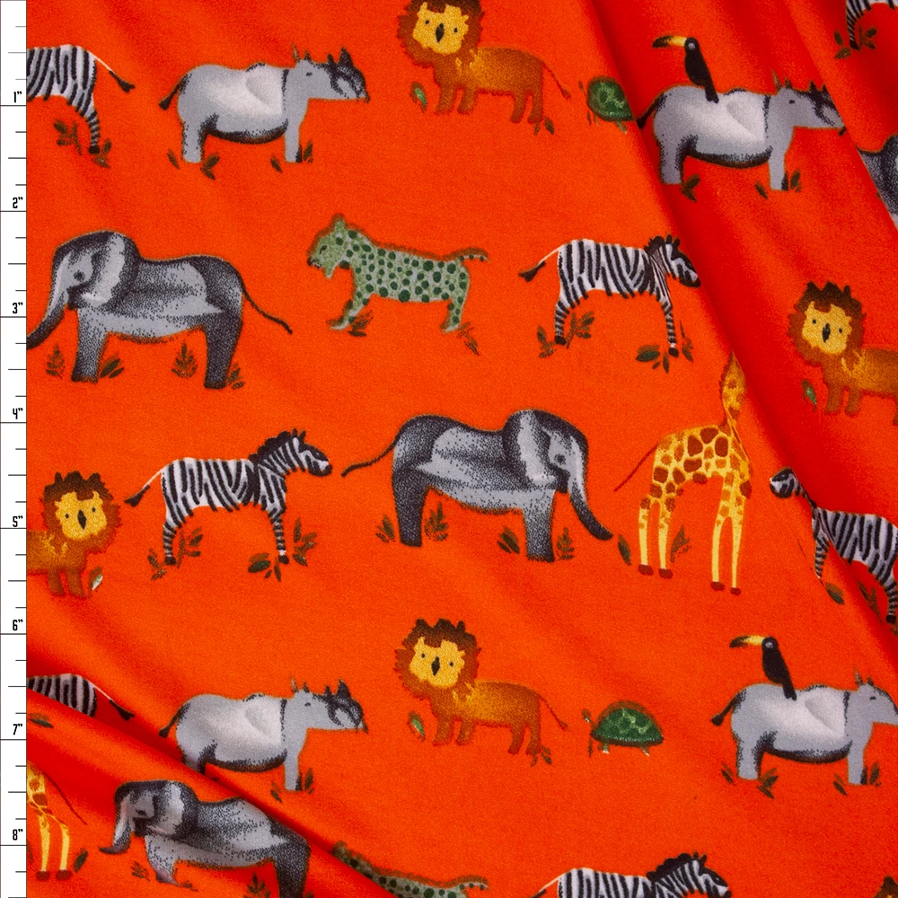 Zoo Animals on Bright Orange Double Brushed Poly/Spandex Fabric By The Yard