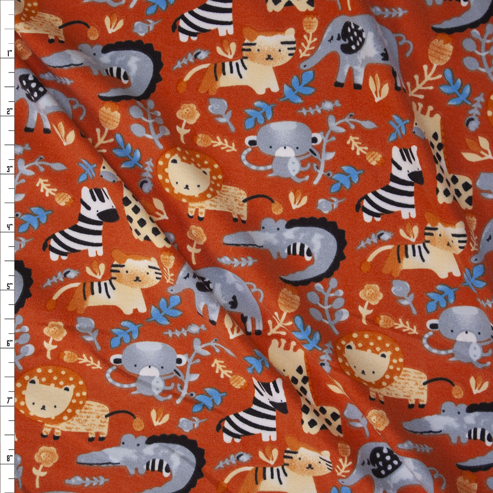 Zoo Animals on Clay Double Brushed Poly/Spandex Fabric By The Yard