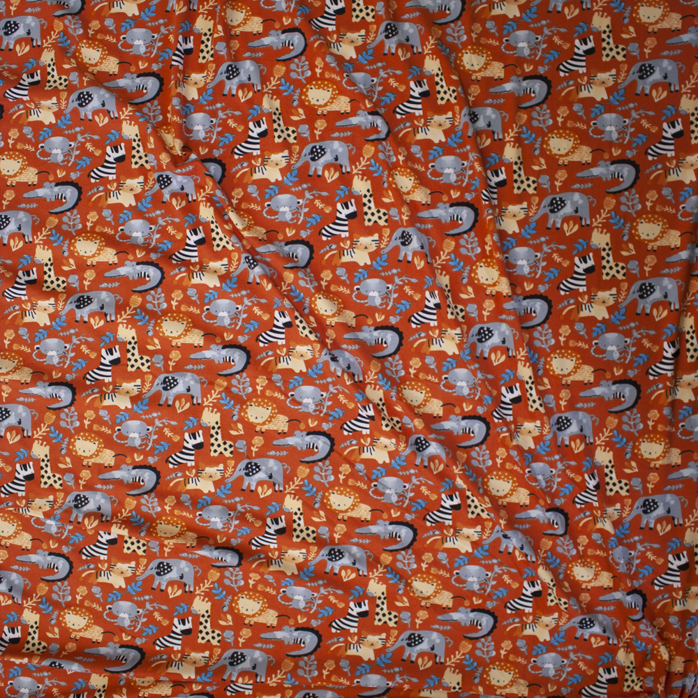 Zoo Animals on Clay Double Brushed Poly/Spandex Fabric By The Yard - Wide shot