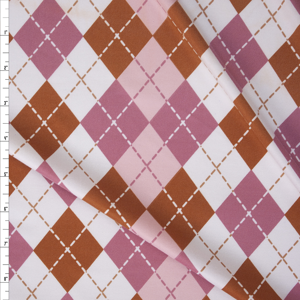 Pink, Brown, and White Argyle Double Brushed Poly/Spandex Fabric By The Yard