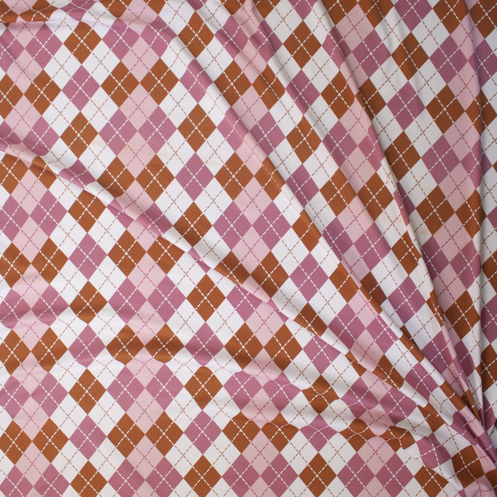 Pink, Brown, and White Argyle Double Brushed Poly/Spandex Fabric By The Yard - Wide shot