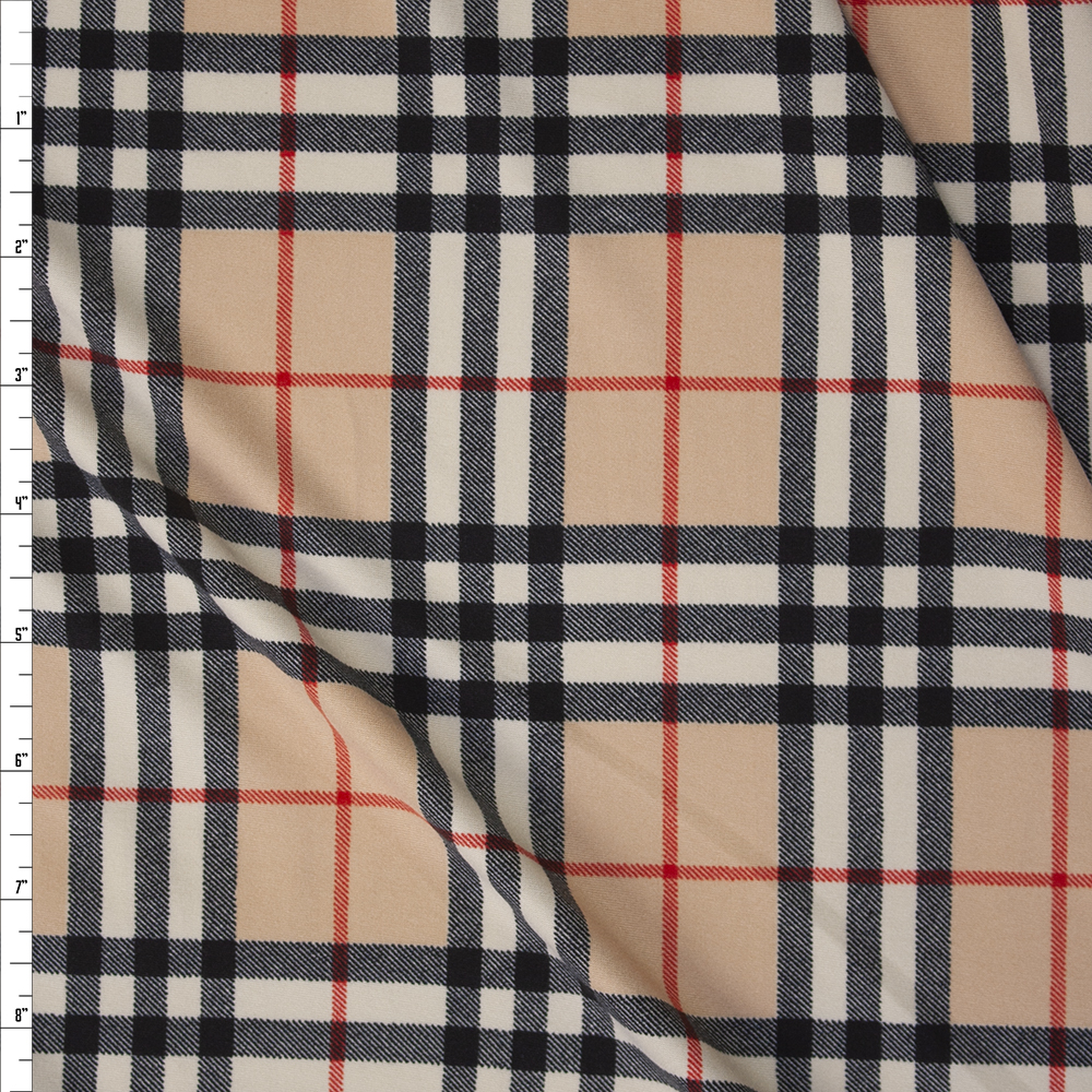 Tan, Black, Red, and Ivory Plaid Double Brushed Poly/Spandex Fabric By The Yard