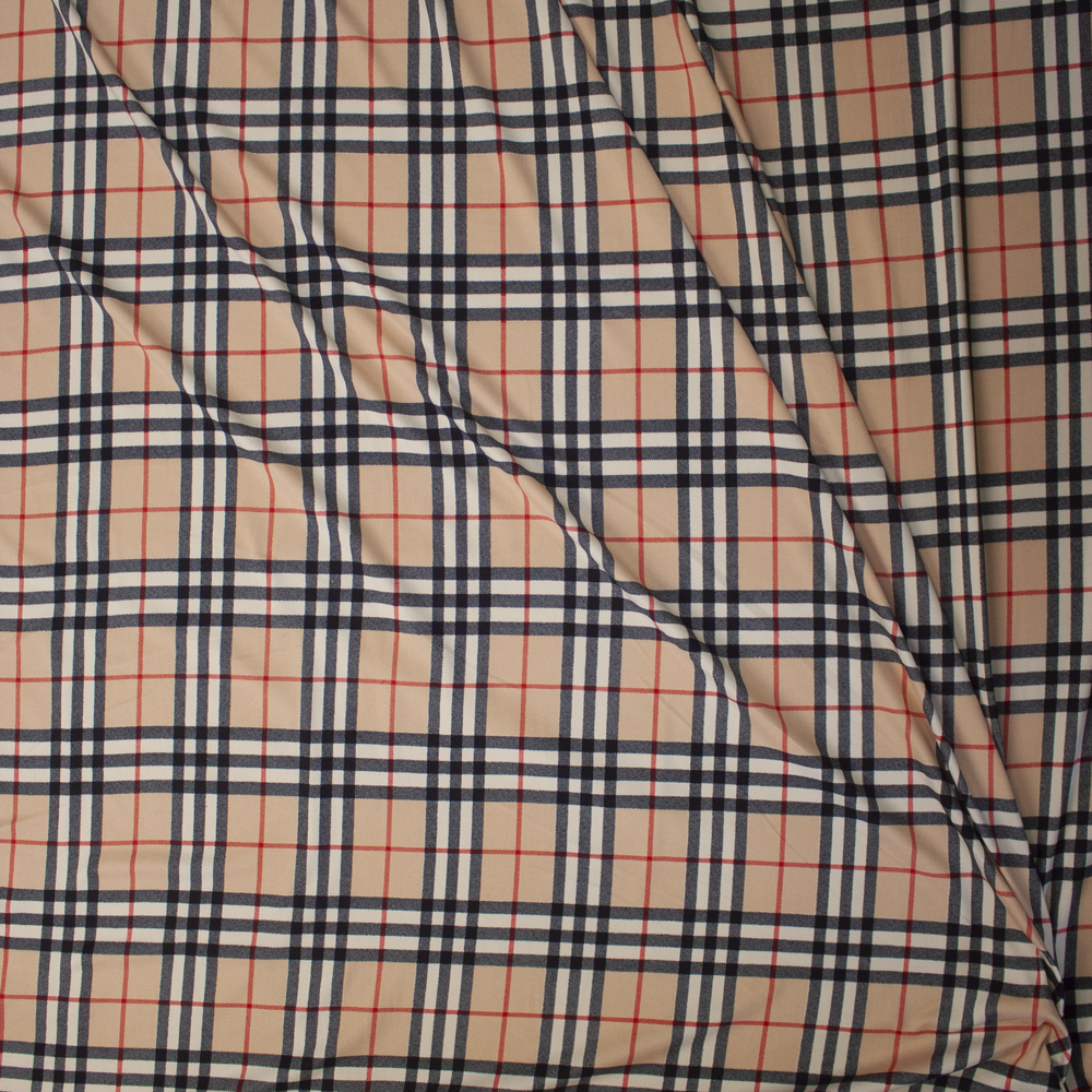 Tan, Black, Red, and Ivory Plaid Double Brushed Poly/Spandex Fabric By The Yard - Wide shot
