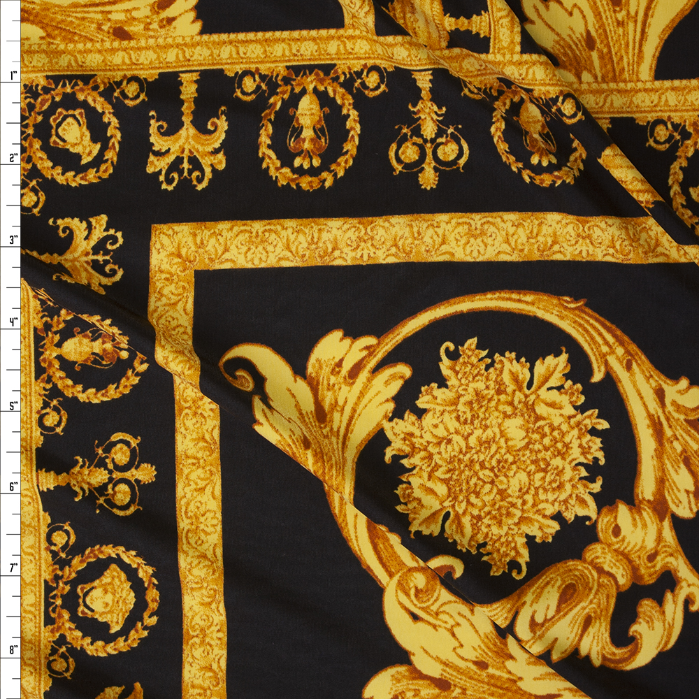 Gold on Black Designer Ornate Scrollwork Stretch ITY Knit Fabric By The Yard