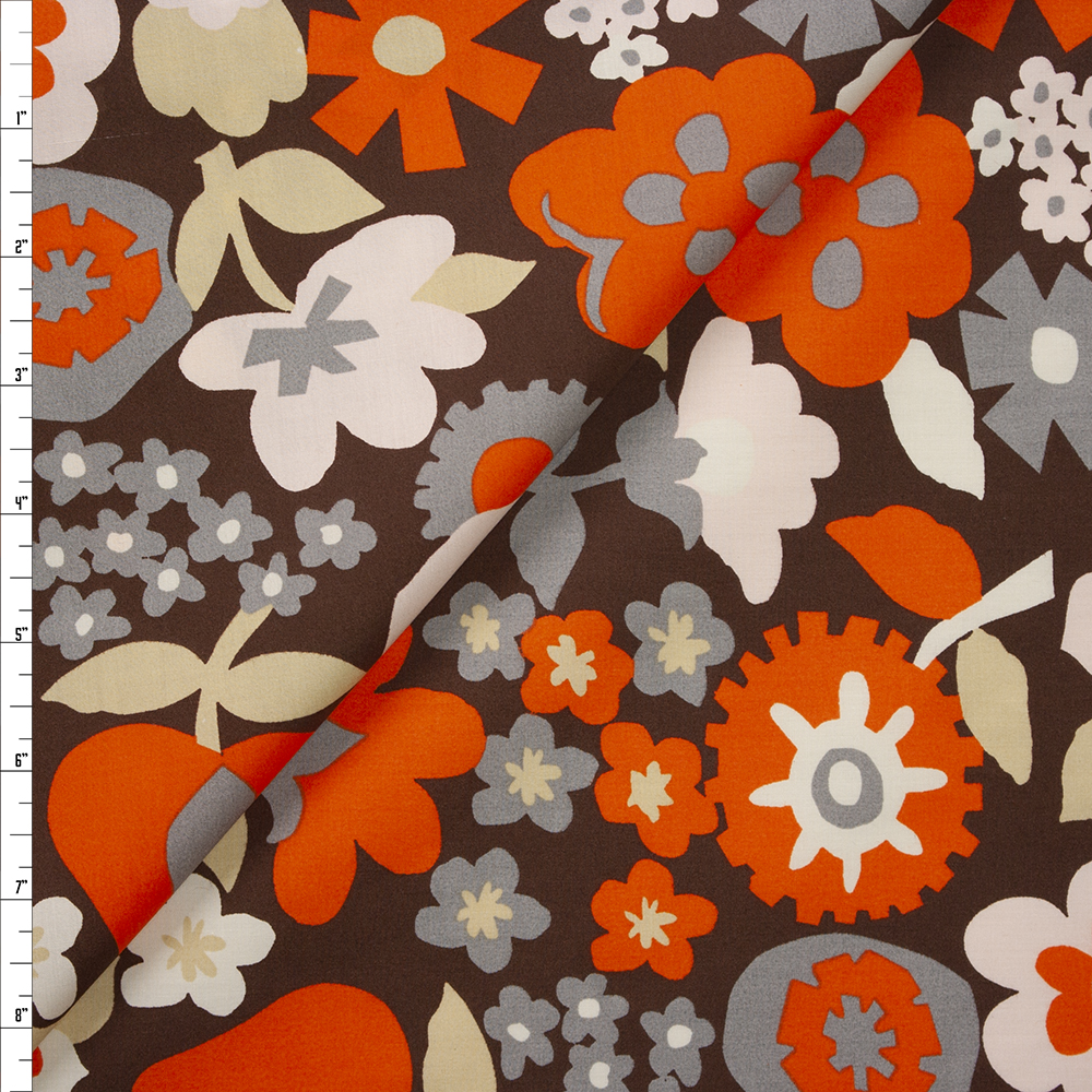 Orange, Tan, and Grey Retro Floral Cotton Poplin Fabric By The Yard