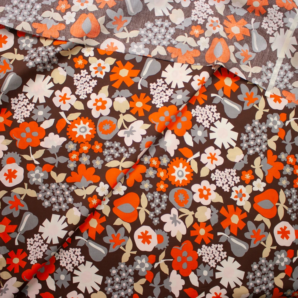 Orange, Tan, and Grey Retro Floral Cotton Poplin Fabric By The Yard - Wide shot