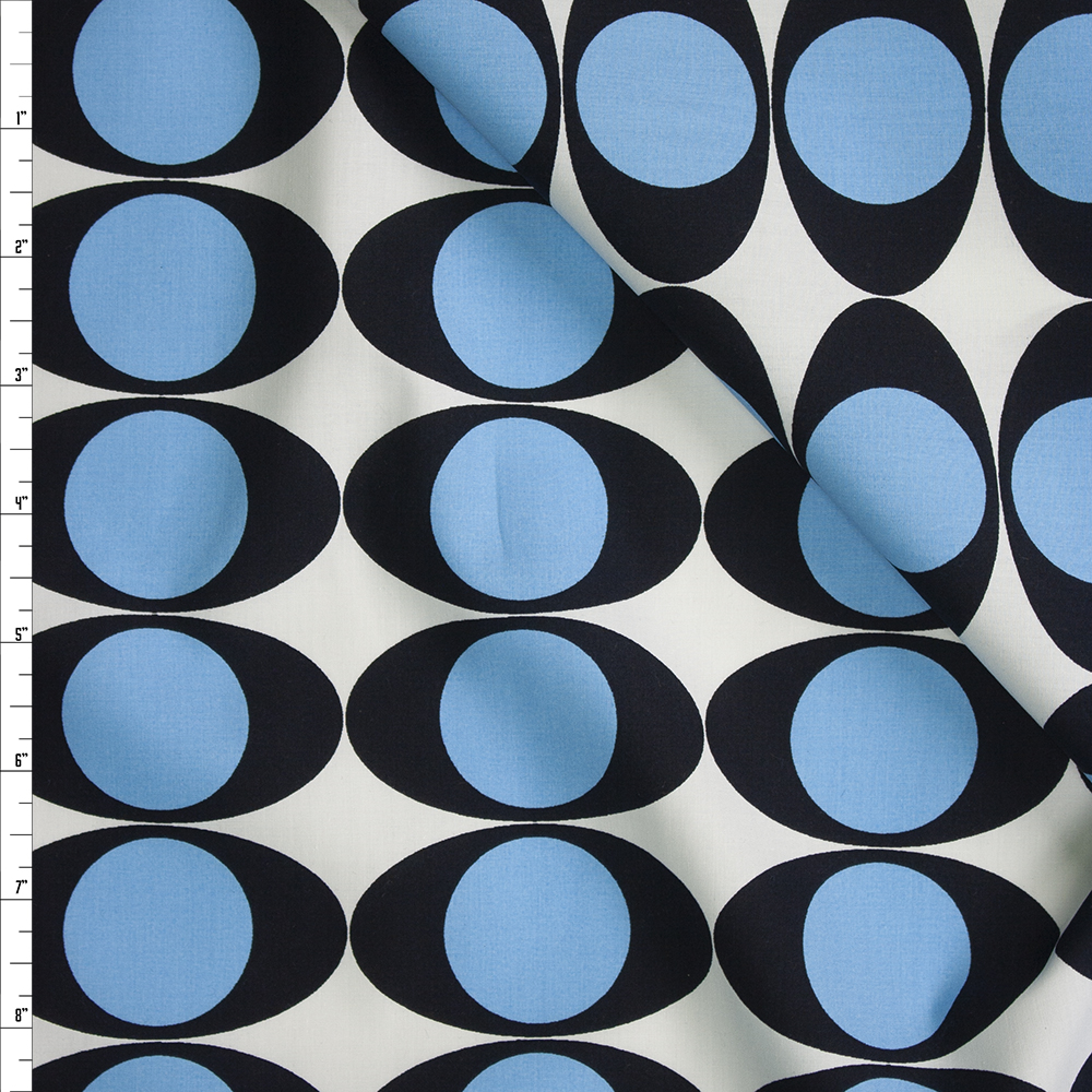 Black, White, and Sky Blue Retro Circles Cotton Poplin Fabric By The Yard