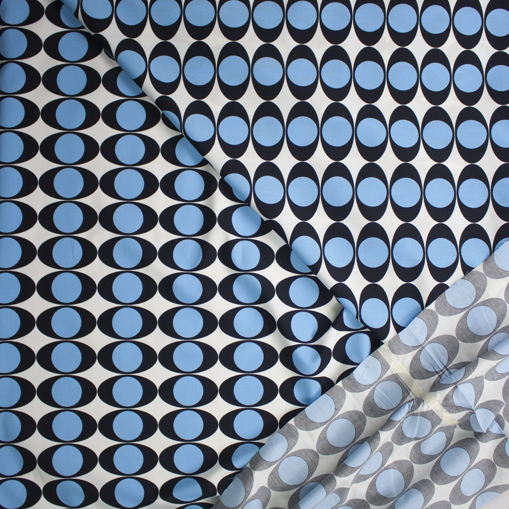 Black, White, and Sky Blue Retro Circles Cotton Poplin Fabric By The Yard - Wide shot