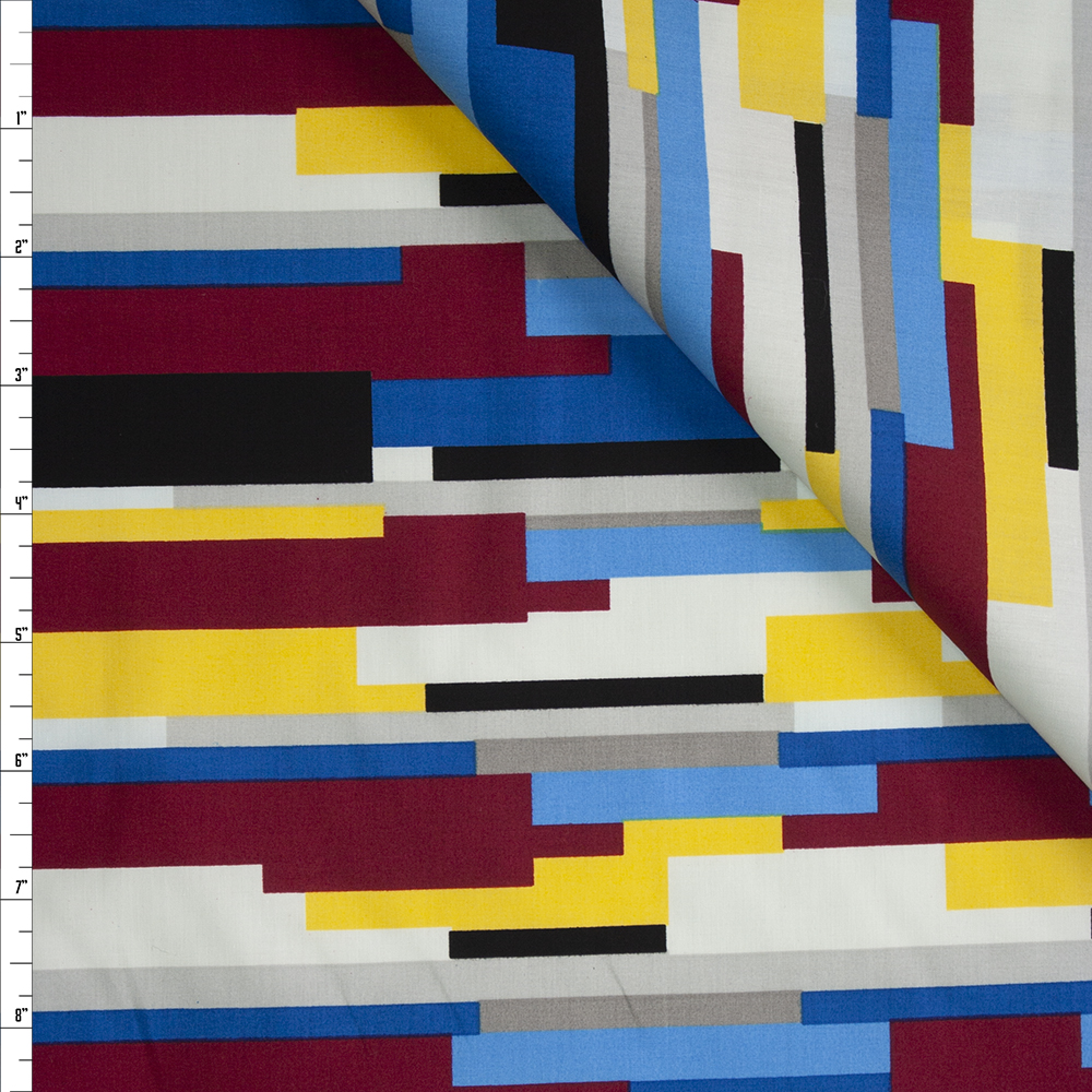 Black, White, Blue, Burgundy, and Yellow Geometric Cotton Poplin Fabric By The Yard