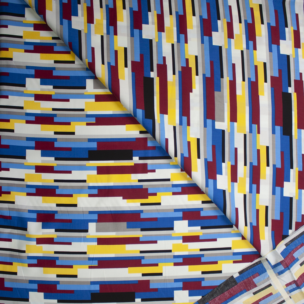 Black, White, Blue, Burgundy, and Yellow Geometric Cotton Poplin Fabric By The Yard - Wide shot