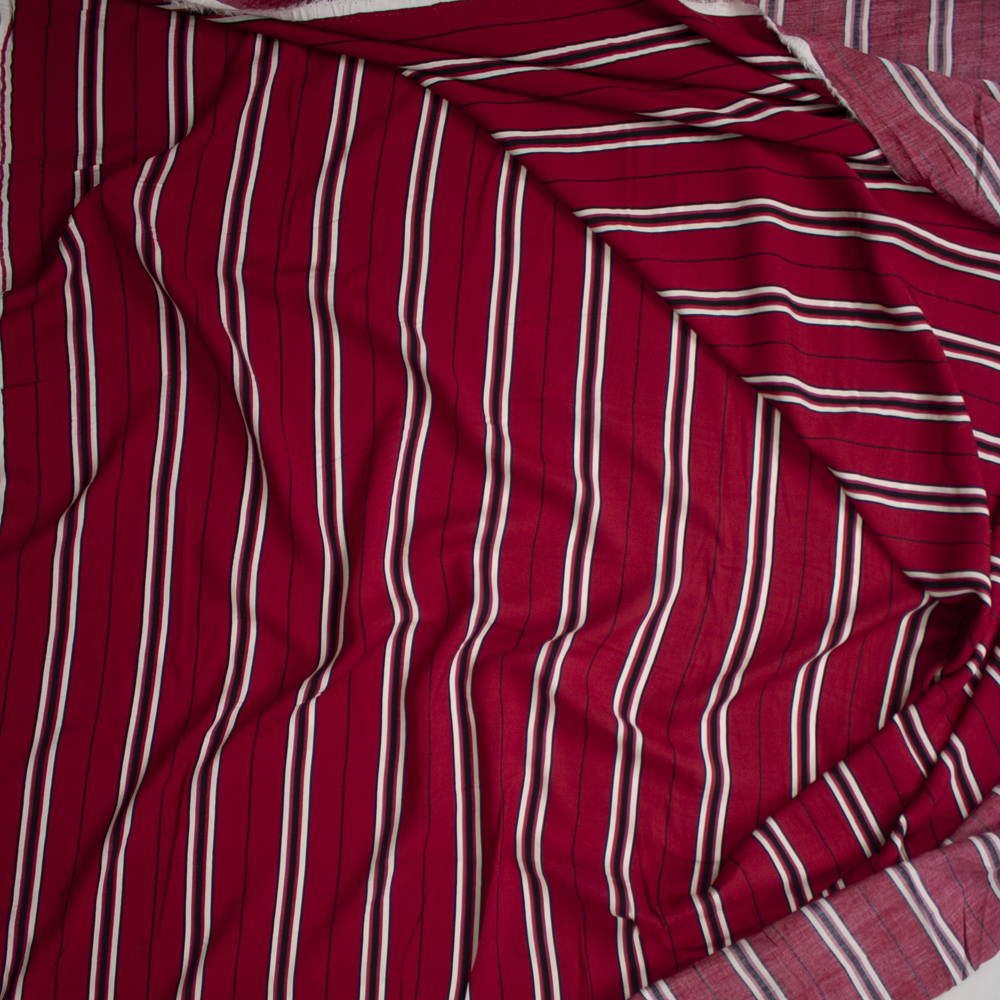 Red, White, and Black Stripe Rayon Challis Fabric By The Yard - Wide shot