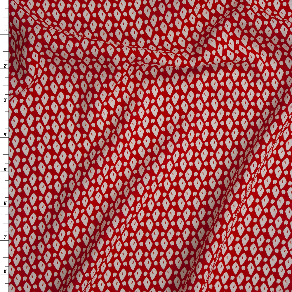 White Hand Drawn Dots and Diamonds on Red Rayon Challis Fabric By The Yard
