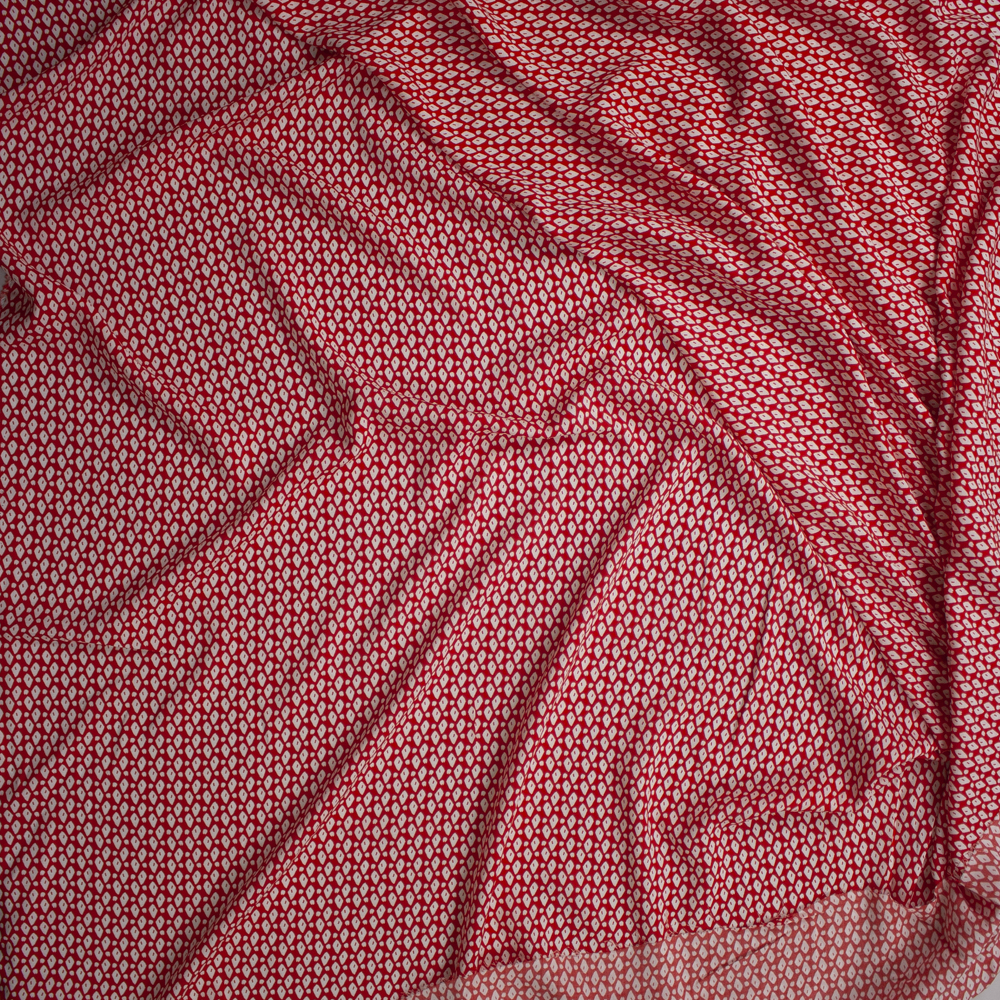 White Hand Drawn Dots and Diamonds on Red Rayon Challis Fabric By The Yard - Wide shot