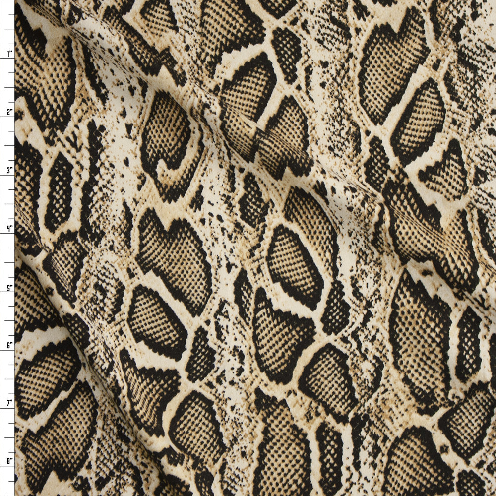 Black, Tan, and Ivory Snakeskin Double Brushed Poly Fabric By The Yard