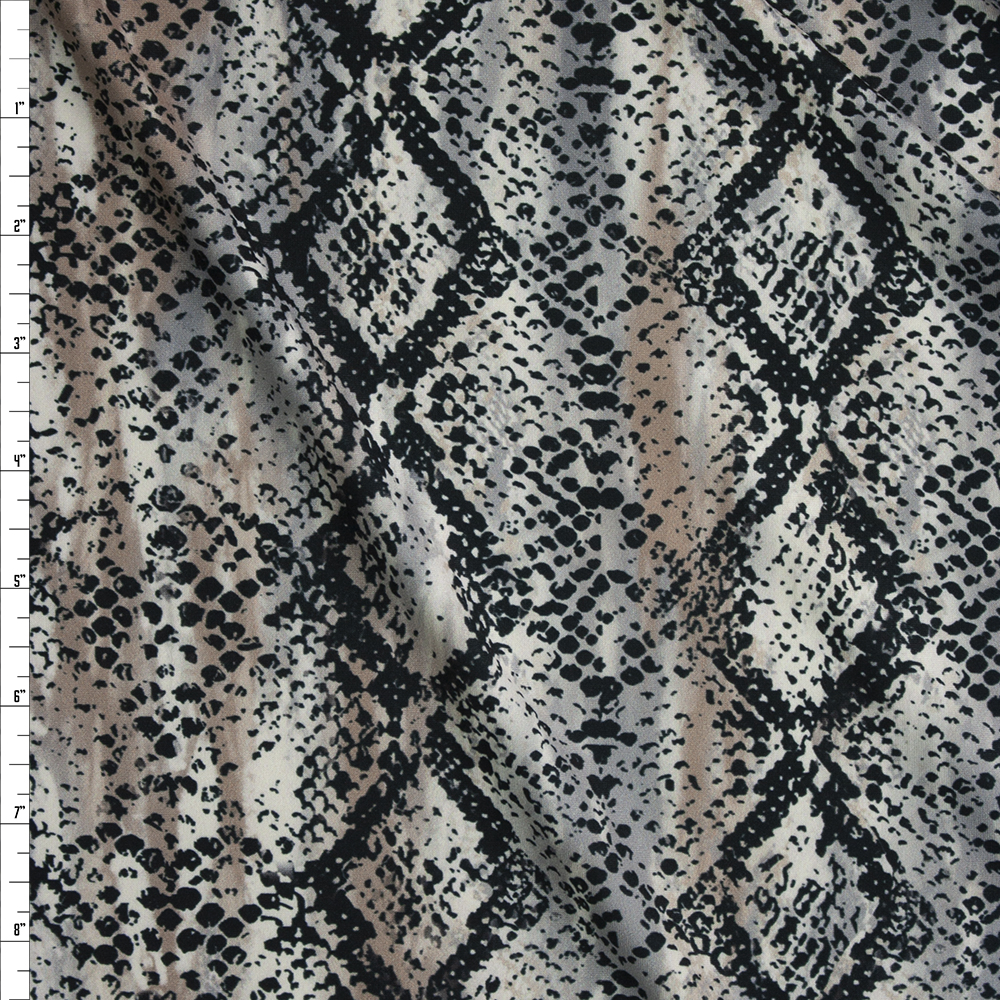 Black Snakeskin on Tan and Grey Vertical Streaks Double Brushed Poly Fabric By The Yard