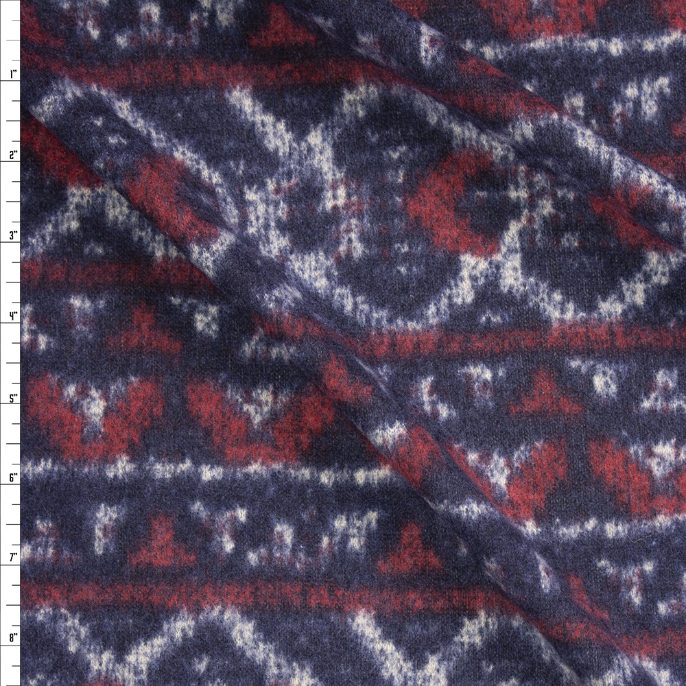 Navy, Red, and Grey Traditional Geometric Brushed Hacci Knit Fabric By The Yard